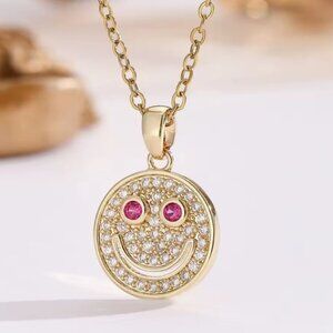 Smiley Face Gold Necklace Pink Gem Eyes Crystal Pave Happy Pendant